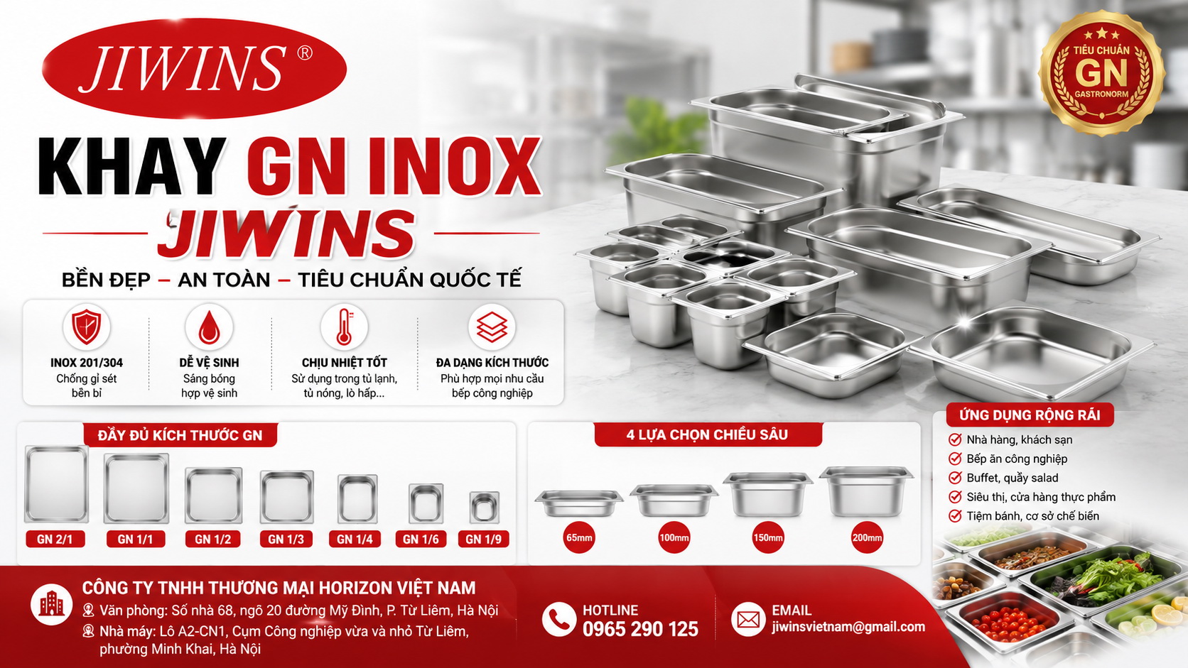 Khay GN Inox Jiwins – Giải pháp lưu trữ, chế biến và trưng bày thực phẩm chuyên nghiệp
